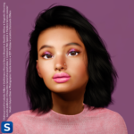 A headshot of woman sitting in front of a pinkish-purple backdrop. Her wavy black hair is touching the shoulders of her pale pink sweater, while her eyeshadow and lipstick are both bright pink. She has a small pink diamond nasal piercing on her left.
