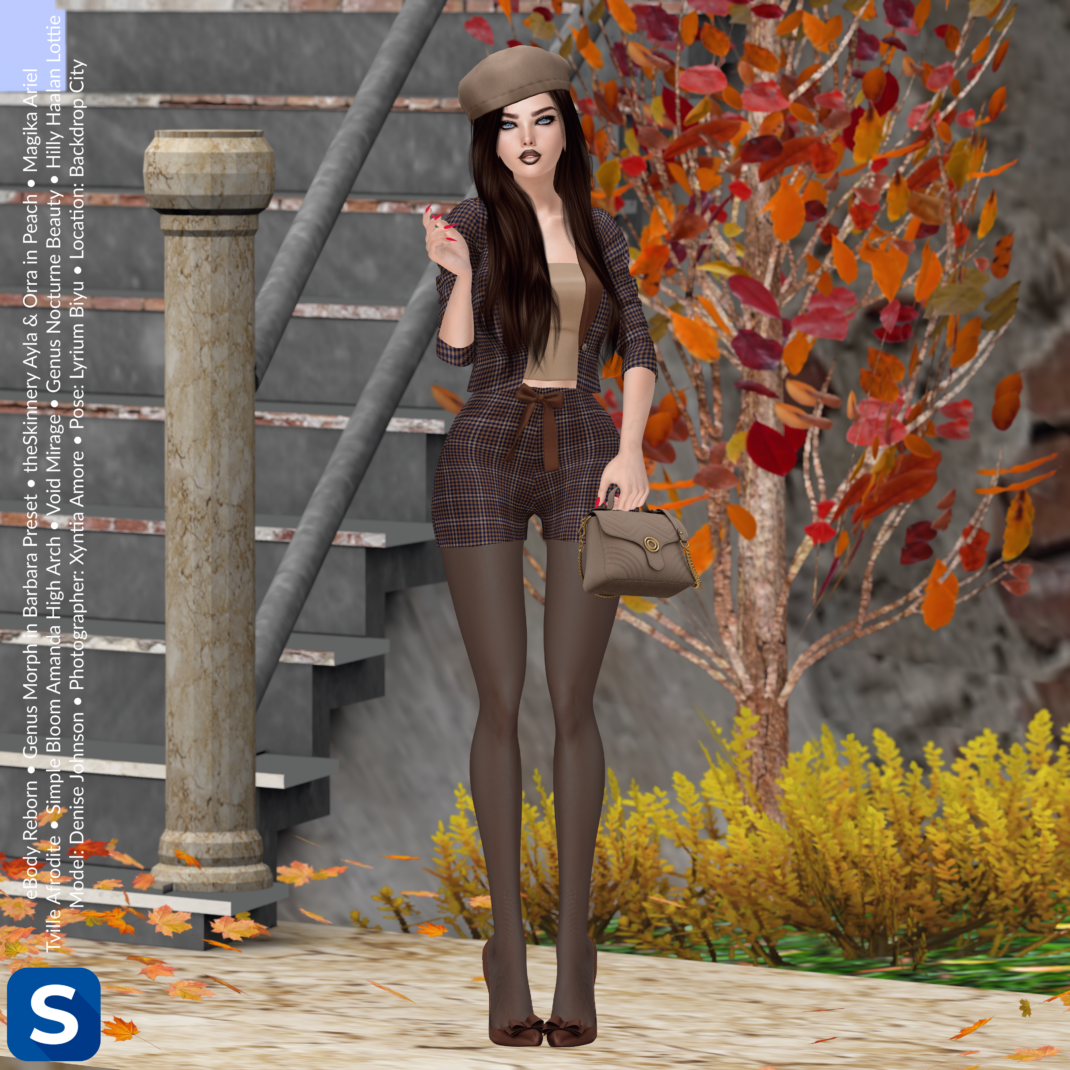 Threadsday, September 3, 2026 A full shot of a woman standing near some trees with orange and red leaves. On top of her long brown hair is a beige beret, which also matches the color of her blouse. The ensemble also a jacket and shorts in matching brown-and-beige checked fabric. She is wearing dark brown pantyhose and her high heels are the color of milk chocolate.