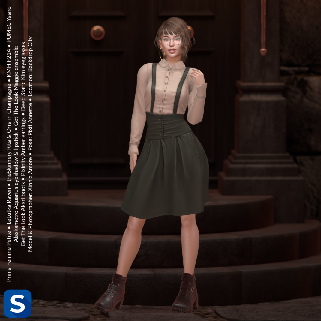 Threadsday, September 10, 2026 A young woman stands in front of the darkened doors of an ancient building. She is wearing brown leather hiking boots, an olive drab midi skirt and a tan-colored blouse. She has golden hoop earrings and wire framed eyeglasses, and her collar-length hair is medium brown.