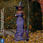 Standing among some trees whose leaves have changed colors for the fall, a woman is wearing a long purple dress and has a matching witch's hat, Her left hand has a homemade broom while her right hand has a small glass bottle filled with a potion.