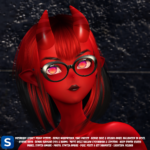 A headshot of a succubus outfit for Halloween. This means bright red skin, devil's horns, and pointy ears, to which we've added short red-and-black hair, black eyebrows, glowing eyes and eyeglasses with thick black frames.