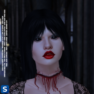 A headshot of a woman standing among some darkened ruins. She has long straight black hair with bangs covering her forehead. Her eyes are as black as bottomless wells and her lips are as red as the blood stains on her teeth. There is a long bloody gash across the front of her neck.
