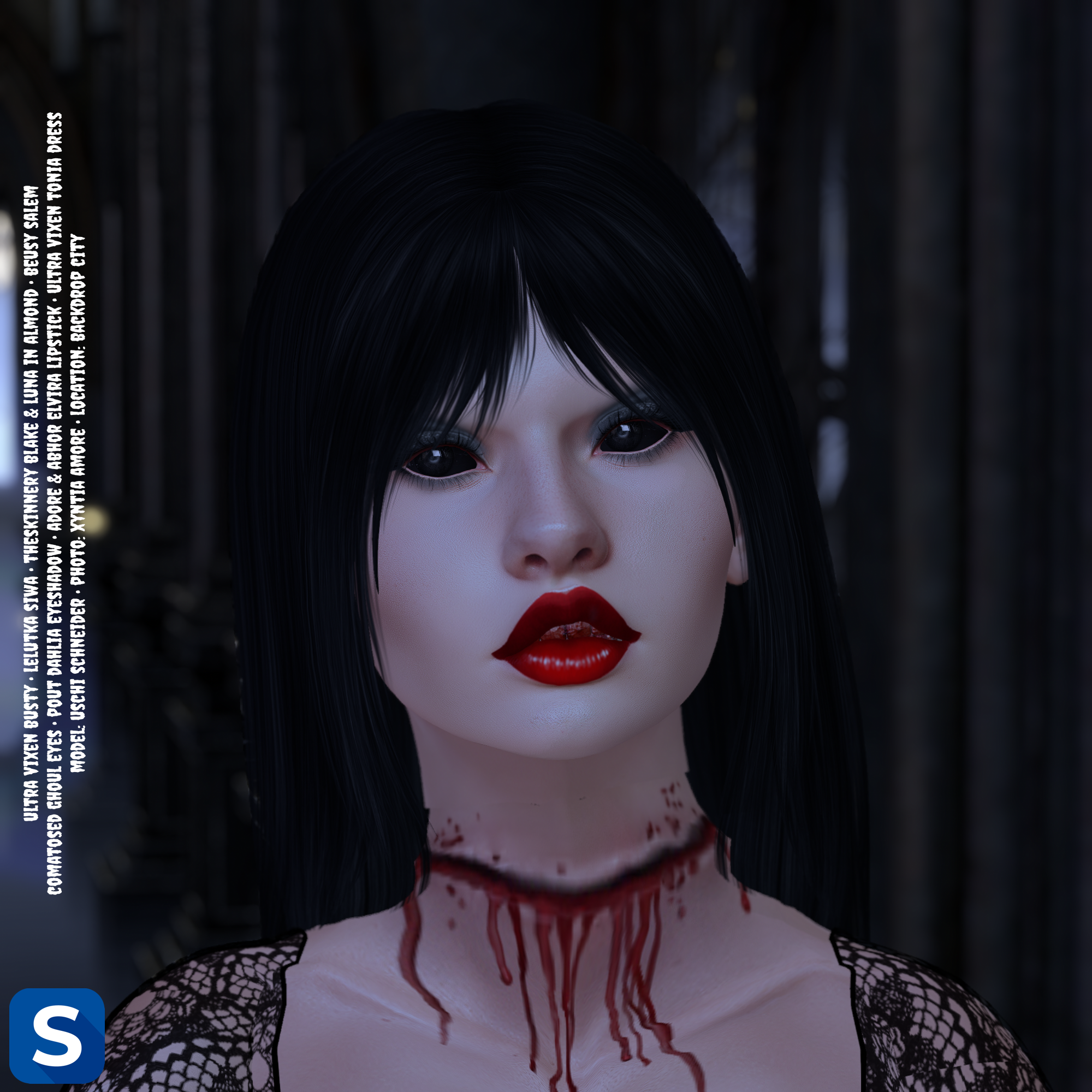 A headshot of a woman standing among some darkened ruins. She has long straight black hair with bangs covering her forehead. Her eyes are as black as bottomless wells and her lips are as red as the blood stains on her teeth. There is a long bloody gash across the front of her neck.