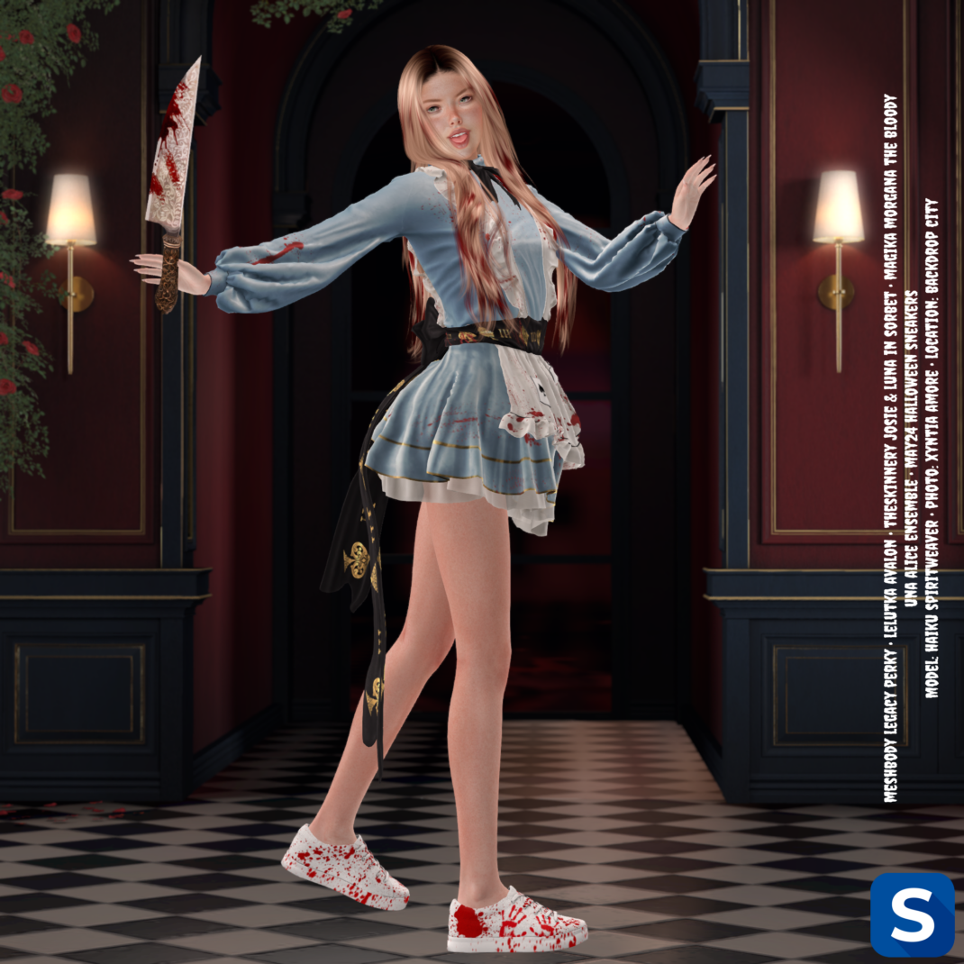 Threadsday, October 8, 2026 A woman poses while walking. Her shoulders are twisted to the rightt and her arms are outstretched, with her right hand holding a bloody knife. Her Alice in Wonderland costume, long blonde hair, and white sneakers also bear spatters of blood.