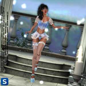 A full photo at a skewed angle of a woman in a blue-and-white Alice in Wonderland outfit that straddles the line between costume and lingerie. She has long black hair and her outfit is adorned with some blood spatters.