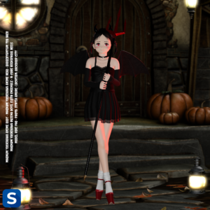 A full photo of a woman standing in from of an old house with an ancient wooden door and pumpkins of various sizes on either side. She has black hair made into ponytails while wearing a couple of black devil's horns. Her body wears a black minidress and armwarmers and we see a pair of bat-like wings stretching out from her back. She is holding a long trident with a black shaft and red head. Her shoes are red high heels with white socks